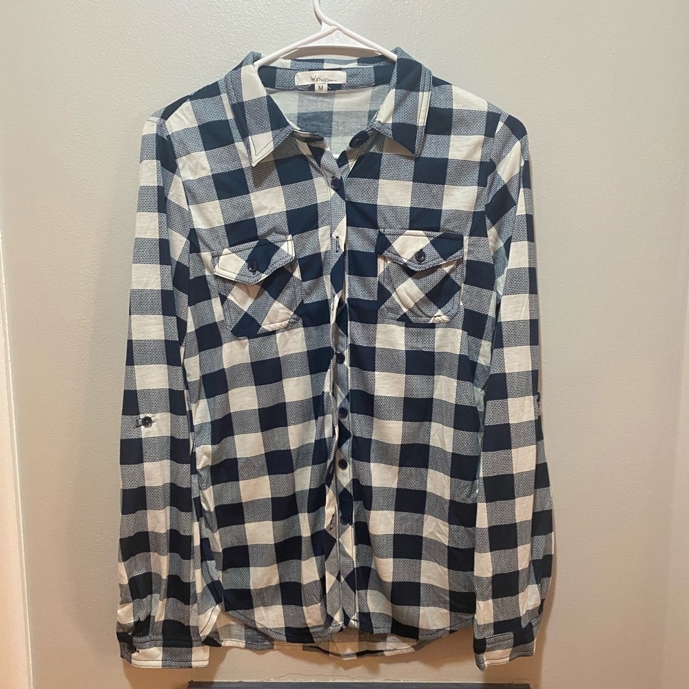 Navy and White Plaid Button Up Collared Shirt